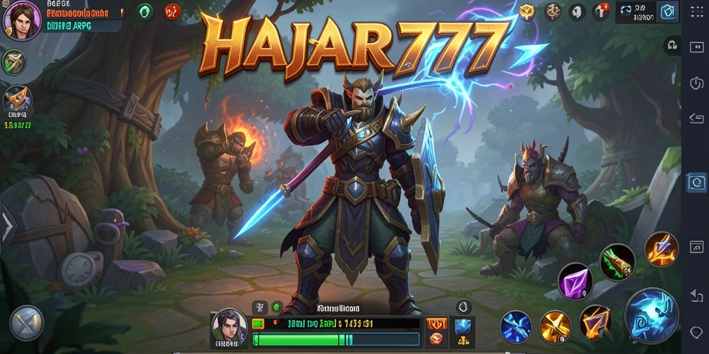 Tangkapan layar utama HAJAR777 menampilkan karakter tengah bertarung dalam aksi ARPG yang seru.