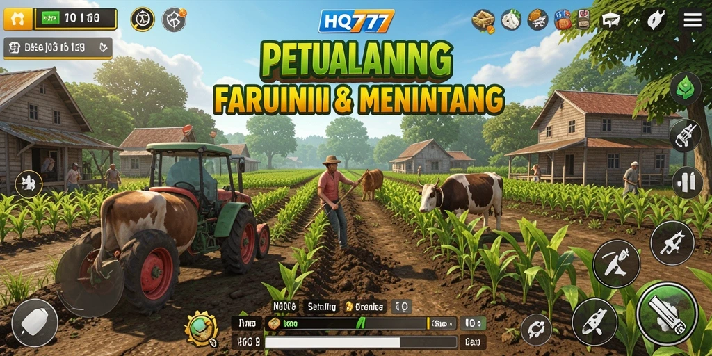Tampilan gameplay HQ777 dengan ladang hijau subur dan aktivitas bertani.