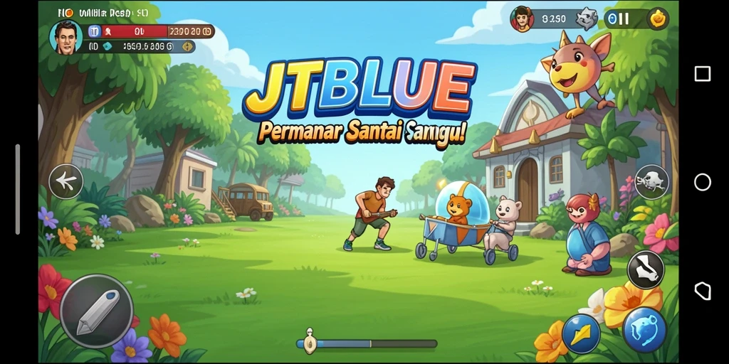 Tangkapan layar gameplay JTBLUE yang penuh warna dan menarik.