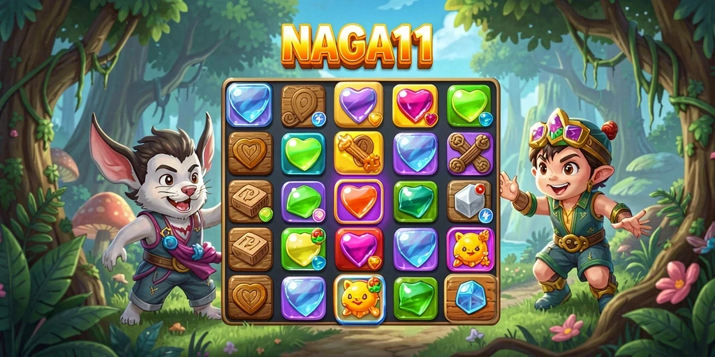 Screenshot gameplay NAGA11 dengan kombinasi batu permata yang cerah.